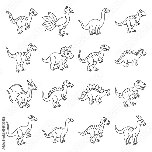 Black and white collection of outlined cartoon dinosaurs various species