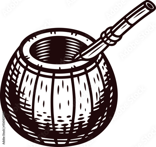 Vintage hand drawn Calabash with bombilla for mate tea in engraved isolated on white