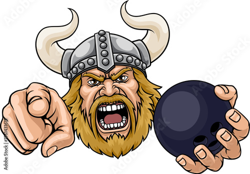 A Viking man holding Bowling ball and pointing sports team cartoon charcater mascot illustration.