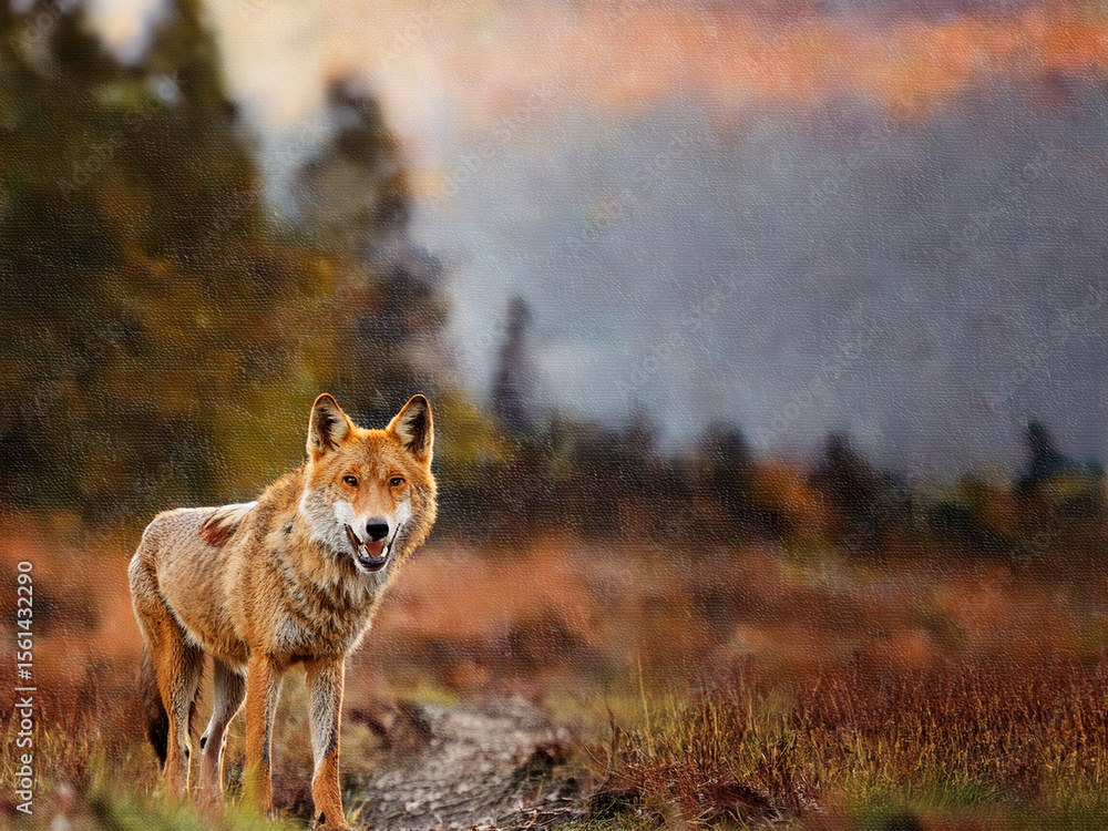 Fototapeta premium Red wolves exploring their environment in a collage of forest and rocky terrain images.