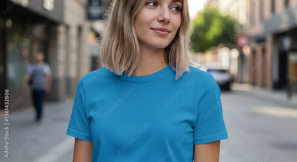 Woman in Teal T-Shirt Walking Down City Street Woman in Teal T-Shirt Walking Down City Street