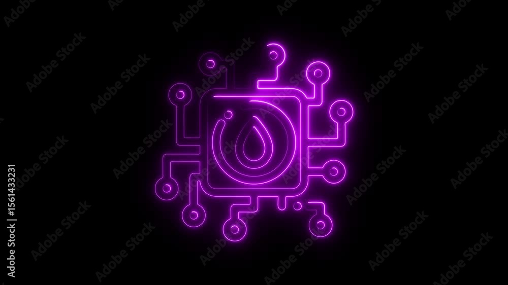 Futuristic Neon Circuitry Design with Water Drop Symbol Glowing Purple Against Black Background Futuristic Neon Circuitry Design with Water Drop Symbol Glowing Purple Against Black Background