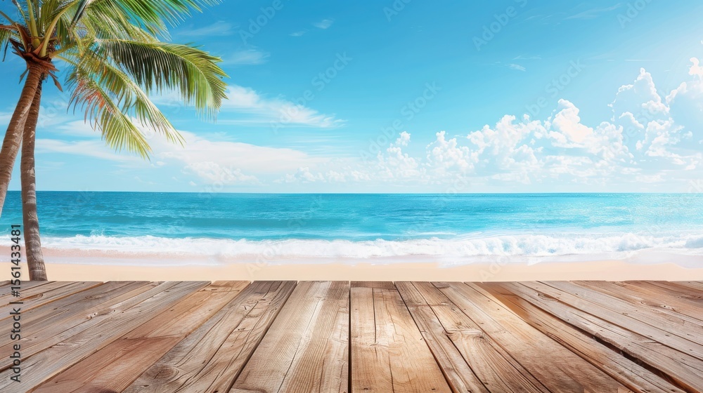Fototapeta premium Custom Wooden Podium on Tropical Beach with Palm Trees and Calm Ocean for Exclusive Events