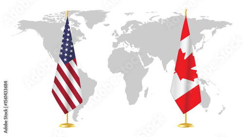 USA and Canada stand flags on world map background. Symbolic of diplomatic relations, unity, and North American partnership. 3D rendered international concept design.