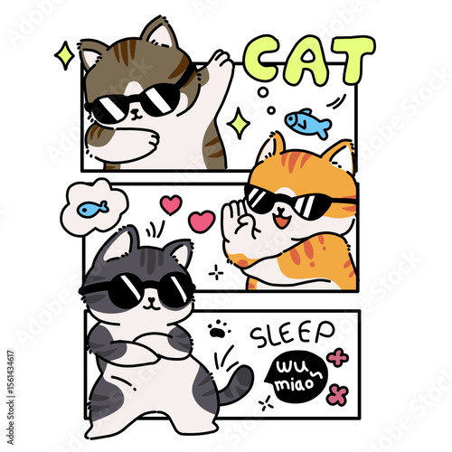 Cool sunglasses cats trio cartoon set illustration 