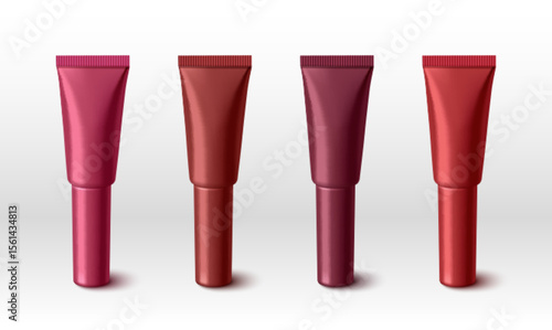 Red lip cream tubes mockup set in four different shades from pink to burgundy with glossy finish and ribbed caps isolated on white for cosmetic product branding, packaging design presentations.