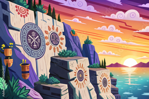 Sunlit cliffside featuring ancient ritual symbols carved into weathered stone, bathed in golden light, suggesting a mysterious sacred site or forgotten ceremonial landmark