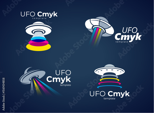 Set Logo CMYK print. UFO theme. Template design vector. Black background
