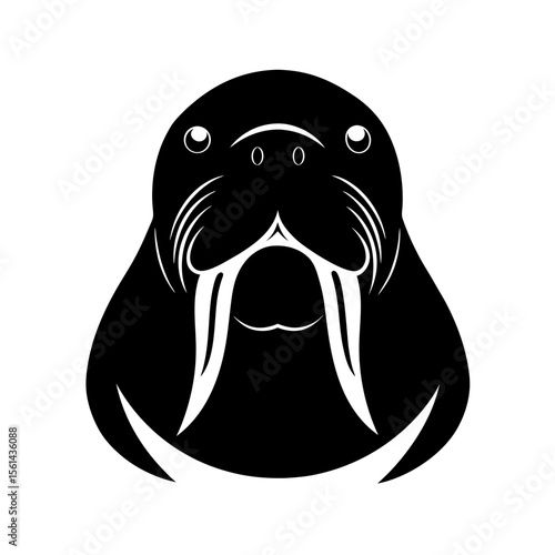 Walrus head full black silhouette arctic mammal with long tusks vector illustration