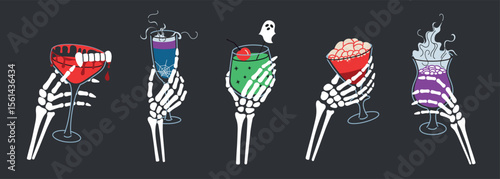 Flat cartoon vector illustration of skeleton hands holding spooky cocktails for Halloween party. Smoke, creepy garnishes, potion drinks set, martini and punch. Dark background, seasonal celebration