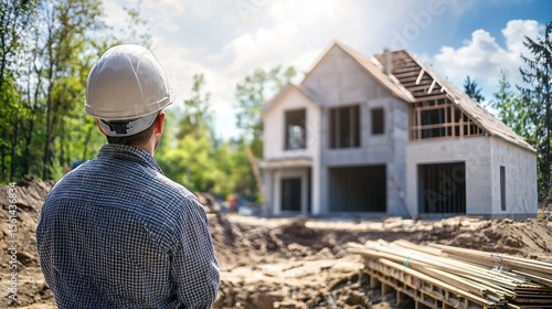 Construction Site Overseer: Architect Supervising New Home Building Project