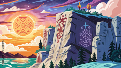 Sunlit cliffside featuring ancient ritual symbols carved into weathered stone, bathed in golden light, suggesting a mysterious sacred site or forgotten ceremonial landmark
