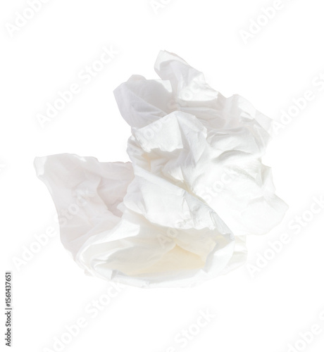 Used crumpled white facial tissue paper isolated on transparent background. Close-up of a used or wrinkled tissue, ideal for hygiene, health, or waste related concepts design.