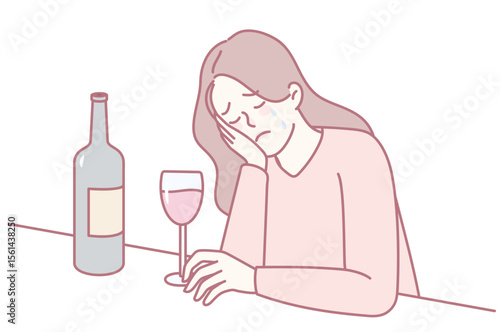 A melancholic illustration of a woman lost in thought, quietly reflecting alone with a glass of wine