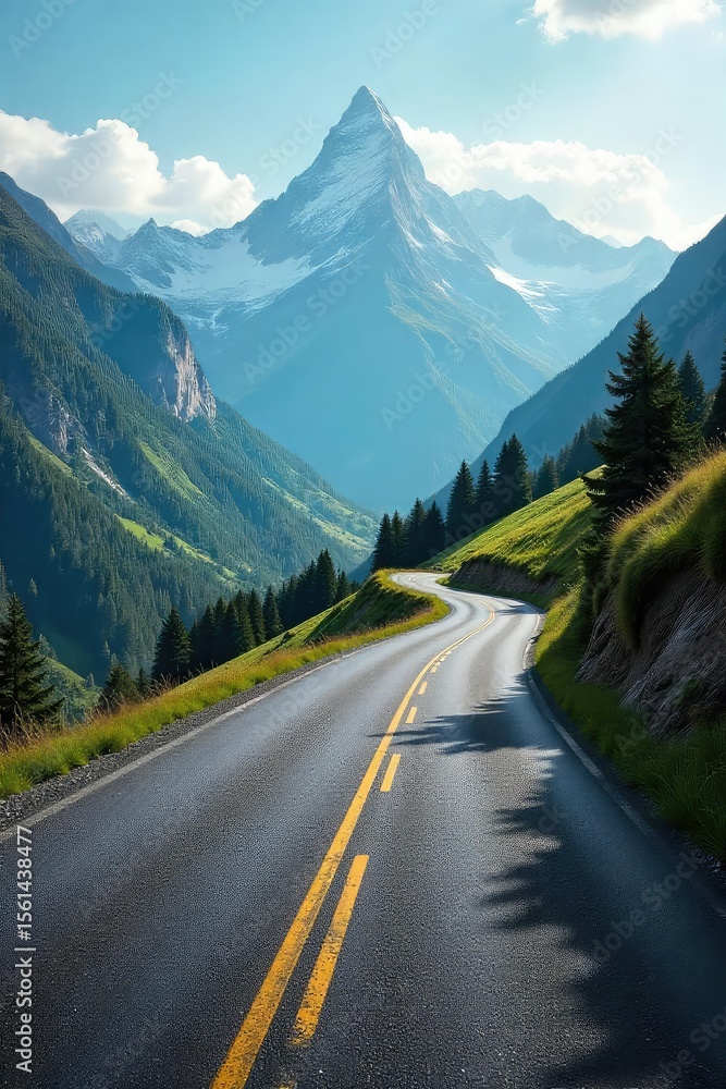 Fototapeta premium A winding road disappearing into a scenic mountain range, signifying the exciting possibilities and challenges of a new journey Explore the unknown, embrace adventure , getaway, scenic route