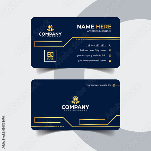 Professional Navy Blue and Gold Business Card Design with Classic Layout. Modern professional business card in navy blue background with shiny golden accents.