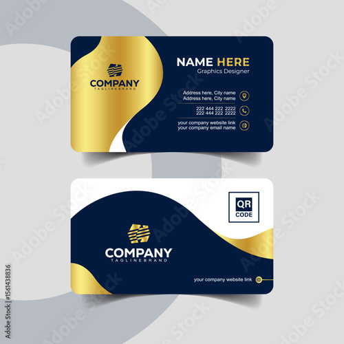 Luxury Navy Blue and Gold Business Card Design with Wave Design Elements. Modern professional business card in navy blue background with shiny golden accents.