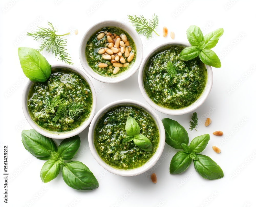 Four small bowls of vibrant green pesto, surrounded by fresh basil, pine nuts, and dill sprigs on a white background Four small bowls of vibrant green pesto, surrounded by fresh basil, pine nuts, and dill sprigs on a white background
