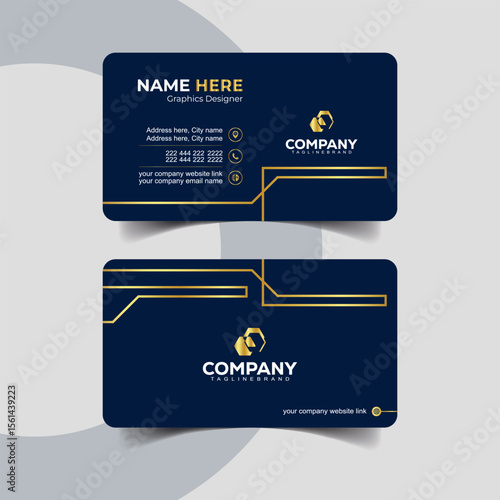 Minimal Navy and Gold Business Card Design  with Abstract Tech Lines. Luxury navy blue business card with elegant golden foil details for premium branding.
