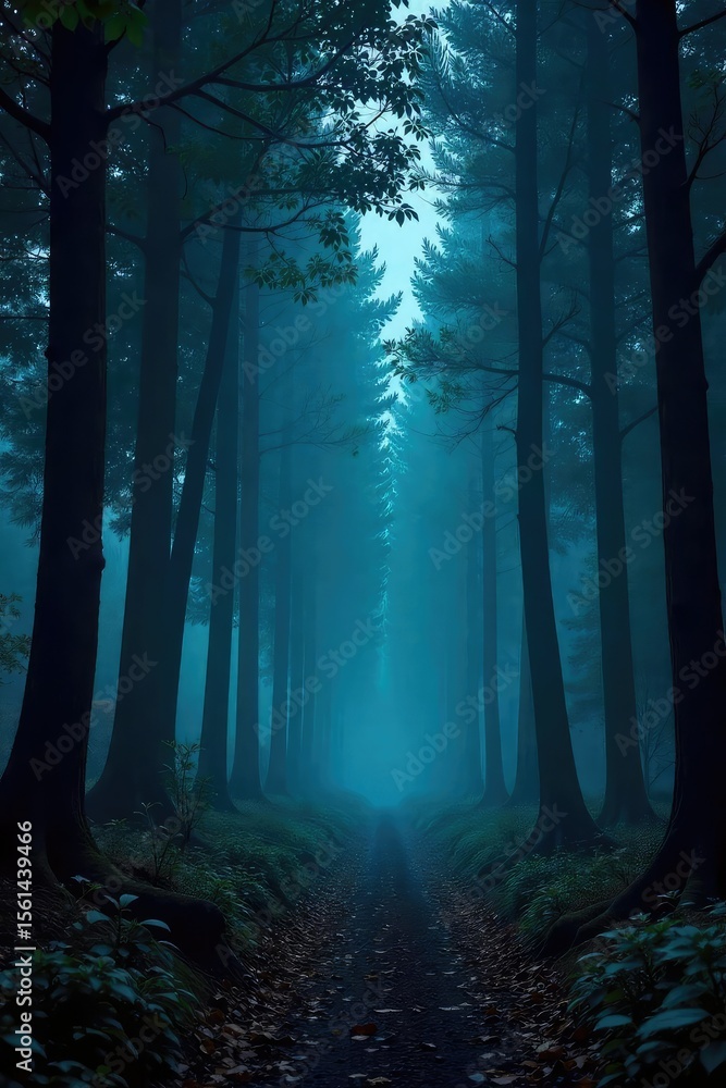 Naklejka premium Dark, brooding forest scene at night Deep shadows, dense trees, and an air of mystery pervade the image Perfect for gothic, fantasy, or horror themes , leaves, undergrowth
