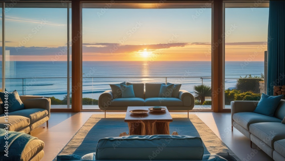 Fototapeta premium Coastal living room with panoramic ocean views at sunset.