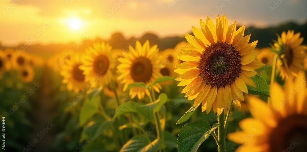 Obraz premium Golden hour sunlight bathes a lush field of ripening sunflowers, buzzing with bees A quintessential summer harvest scene, ripe for the picking , bees, day