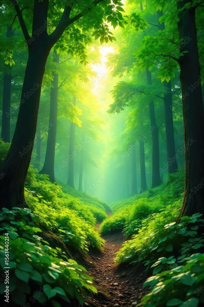 Obraz premium Lush green forest scene, vibrant foliage, sunlight dappling through leaves, creating a tranquil and serene atmosphere Perfect for nature, ecology, and environmental themes , wild, serene