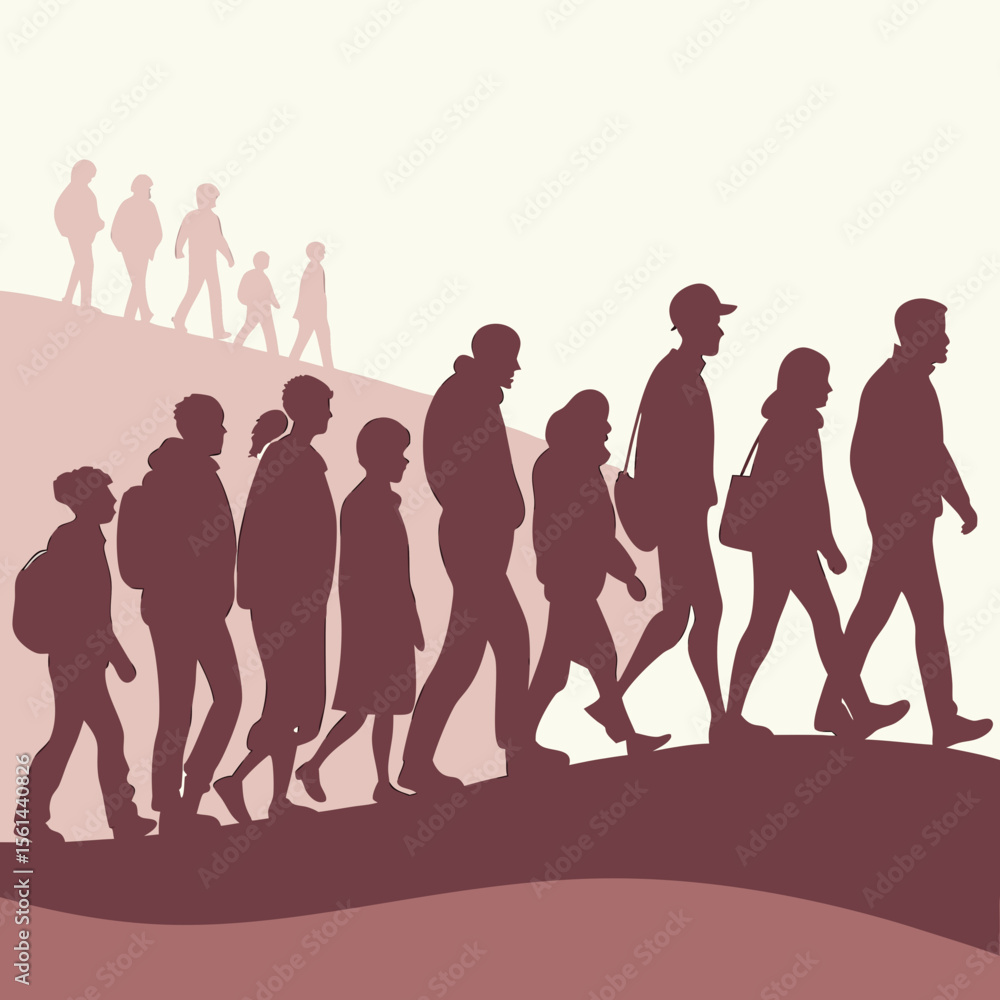 Fototapeta premium Silhouette illustration of a group of people walking uphill in a line with a lighter group behind them on hill