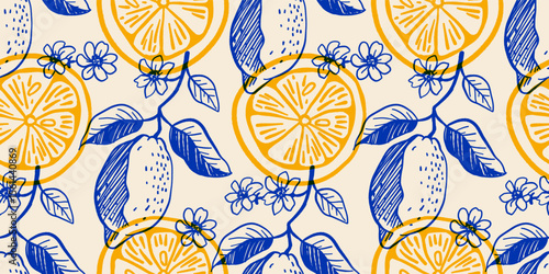 Seamless vector pattern with hand drawn lemons, lemon slices, flowers, and leaves in ink sketch style. Elegant Mediterranean fruit design in yellow and blue for textiles, wrapping paper, kitchen