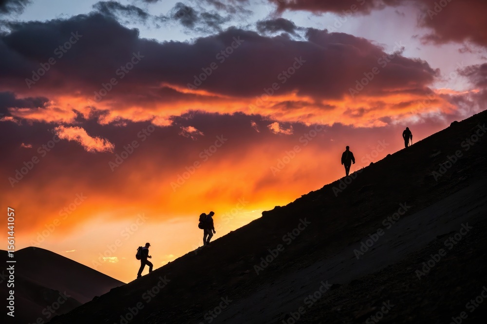 Fototapeta premium Hikers trekking along a ridge line