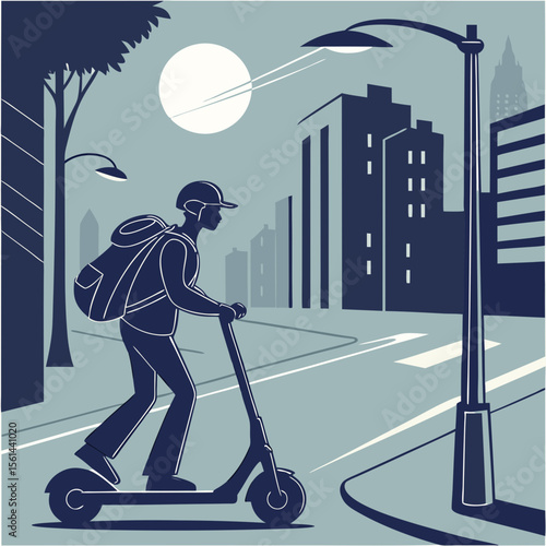 A person riding a scooter on a city street with buildings and a street lamp under a bright moon light night