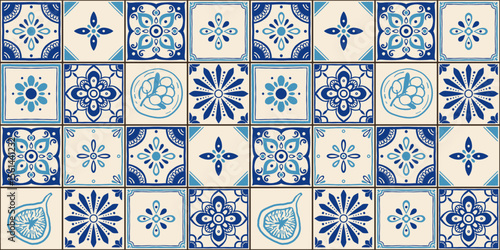 Mediterranean ceramic tiles seamless pattern. Azulejo arabesque. Portuguese, Spanish, Turkish, Indian, Islamic, Arabic decor. Geometrical and floral traditional national ornament. Vector illustration.