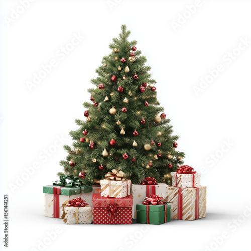 Christmas Tree with Presents - Festive Holiday Decor , PNG isolated cut out image