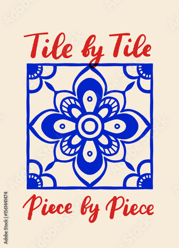 Mediterranean tile pattern vector poster with italian quote in blue and red on beige background, dolce vita summer kitchen decor