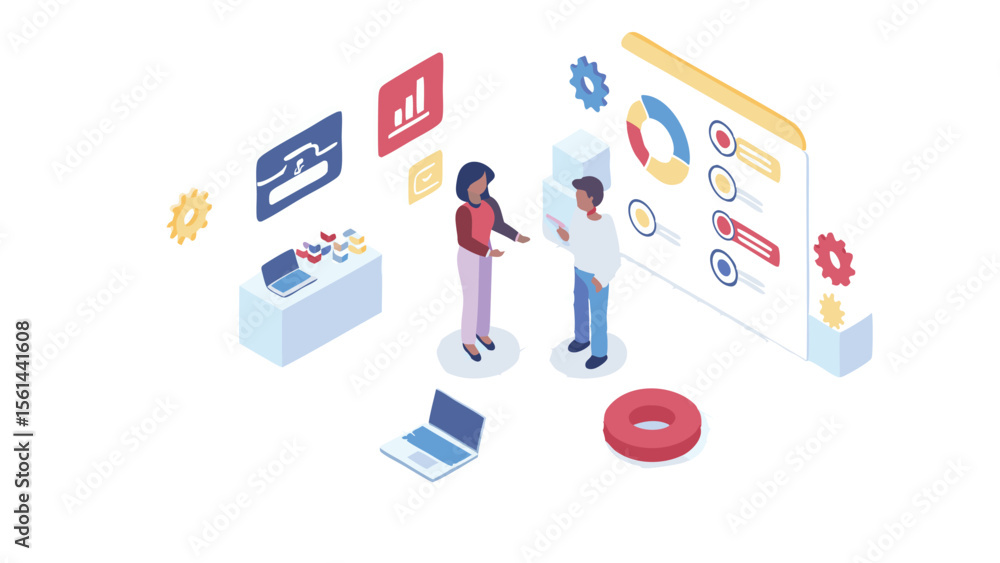 Fototapeta premium Isometric illustration of a business meeting with data charts and laptop computers displayed around