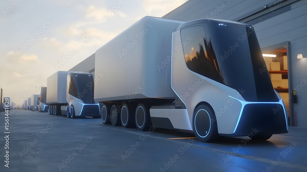 Fototapeta premium Futuristic electric trucks lined up in a warehouse.