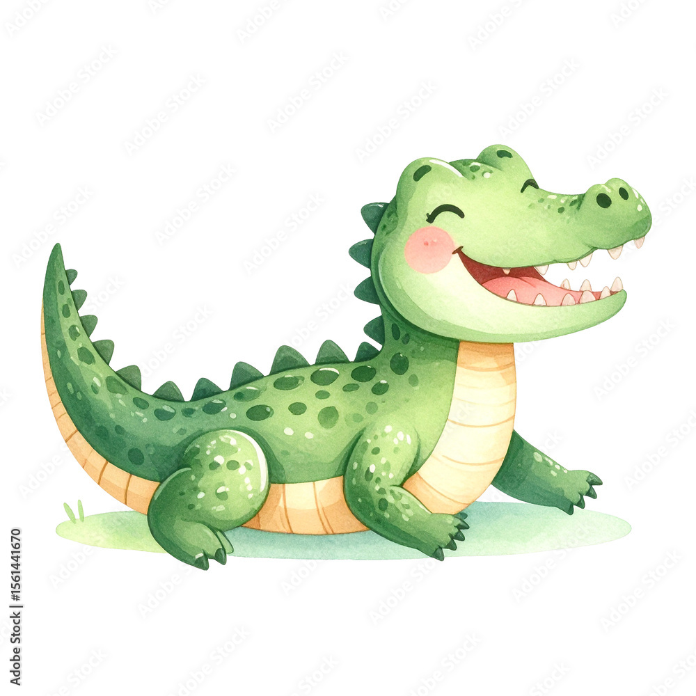 Naklejka premium Happy Baby Crocodile: An illustration of a cheerful baby crocodile with a toothy grin, sitting on a patch of grass. The crocodile is depicted in vibrant greens and yellows.