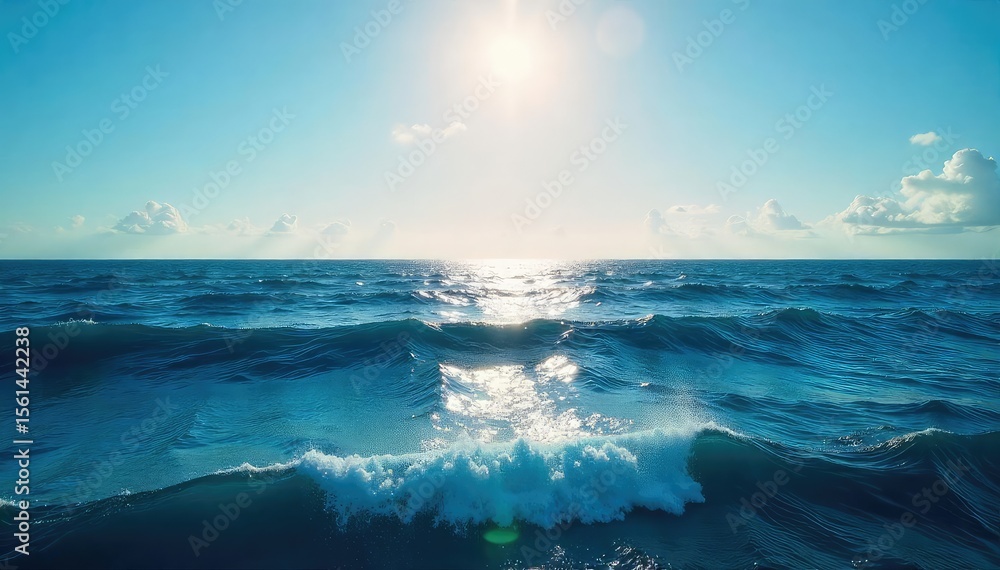 Obraz premium Vast expanse of the Atlantic Ocean, deep blue waters stretching to the horizon, sun reflecting on the waves Perfect for travel, nature, and ocean-themed projects , water, serenity, landscape