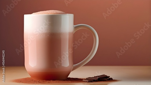 A mug filled with a chocolate drink. The backdrop of the image is dark brown and there are some pieces of chocolate near the mug.