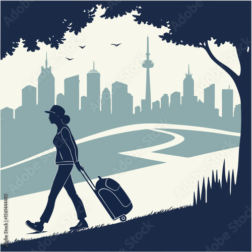 Silhouette of a woman walking with luggage towards a city skyline under trees and flying birds view scene