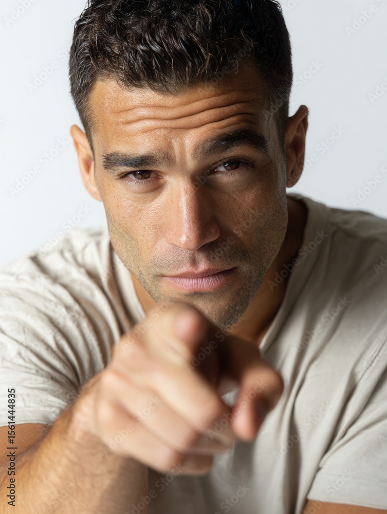 Fototapeta premium Serious Man Pointing at Camera with Intense Expression in Studio Light