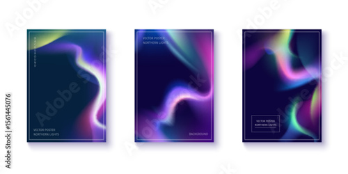 Vibrant aurora gradient background posters with northern lights effect. Neon ethereal purple, green and blue flowing waves. Modern vector designs for creative projects with luminous cosmic energy.