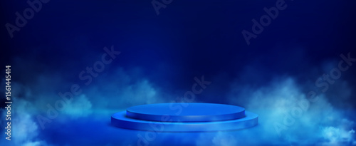 Blue round podium with smoke effects - circular metallic platform surrounded by dramatic mist, light particles floating in dark atmosphere for scary presentation, gaming display, product design.