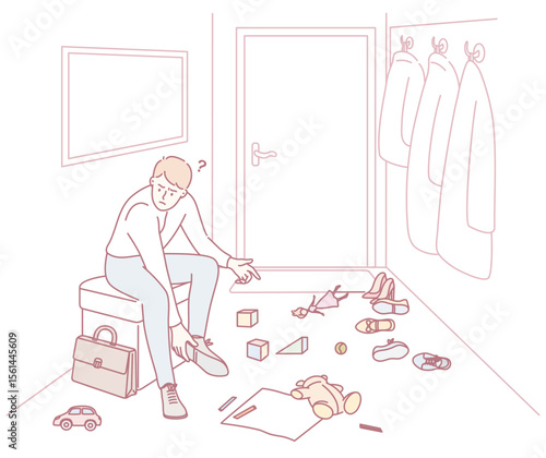 A cluttered and messy entryway showcases an adult sitting among scattered toys and various personal belongings