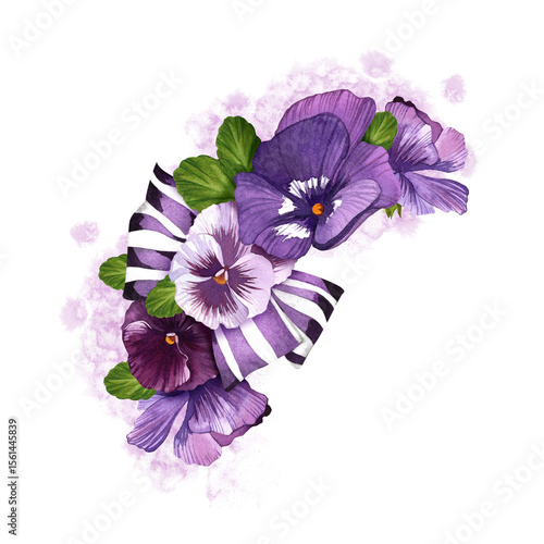 Bouquet of purple flowers with a bow watercolor illustration. Elegant border of pansies. Frame of delicate violet buds for spring card. Lilac flower clip art for save the date cards