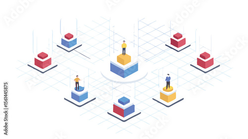 Isometric illustration of people standing on platforms connected by a grid network system