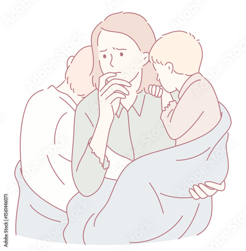 A deeply concerned mother gently holds her child with love while comforting her partner in a warm, loving embrace