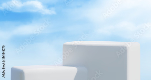 White podium stages on blue sky background with soft clouds - minimalist product display platforms for cosmetics showcasing, ecommerce clean branding presentations or modern advertising mockups.