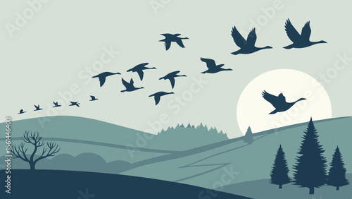 Silhouette of geese flying over a landscape with hills, trees and a bright sun in a monochromatic color scheme