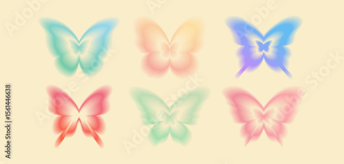 Gradient butterfly shape collection with gradation color soft blurred wings on beige background for spring design, y2k decoration or nostalgic dreamy projects. Delicate pastel colored insects set.